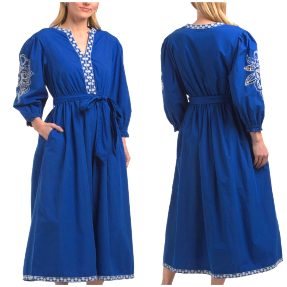 NWT Blue Embroidered Maxi Dress with Sleeves